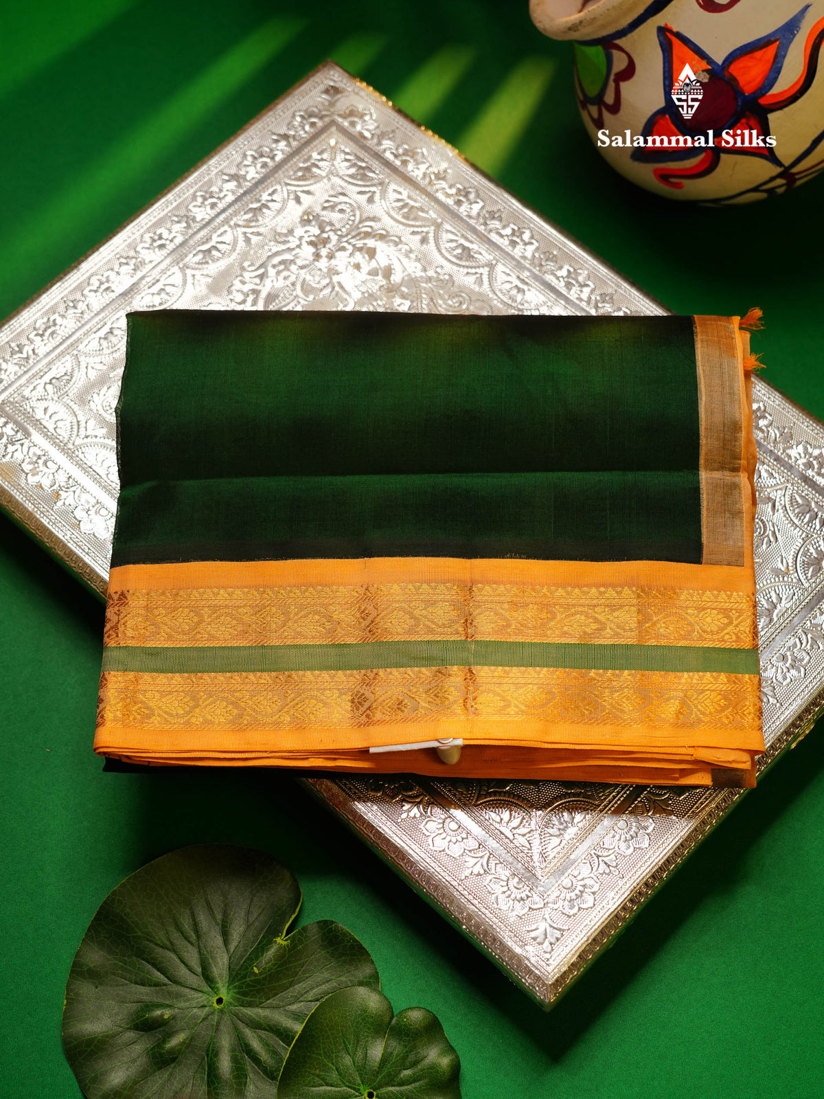 Bottle Green Plain Pure Silk Cotton Saree With Contrast Light Orange Traditional Border
