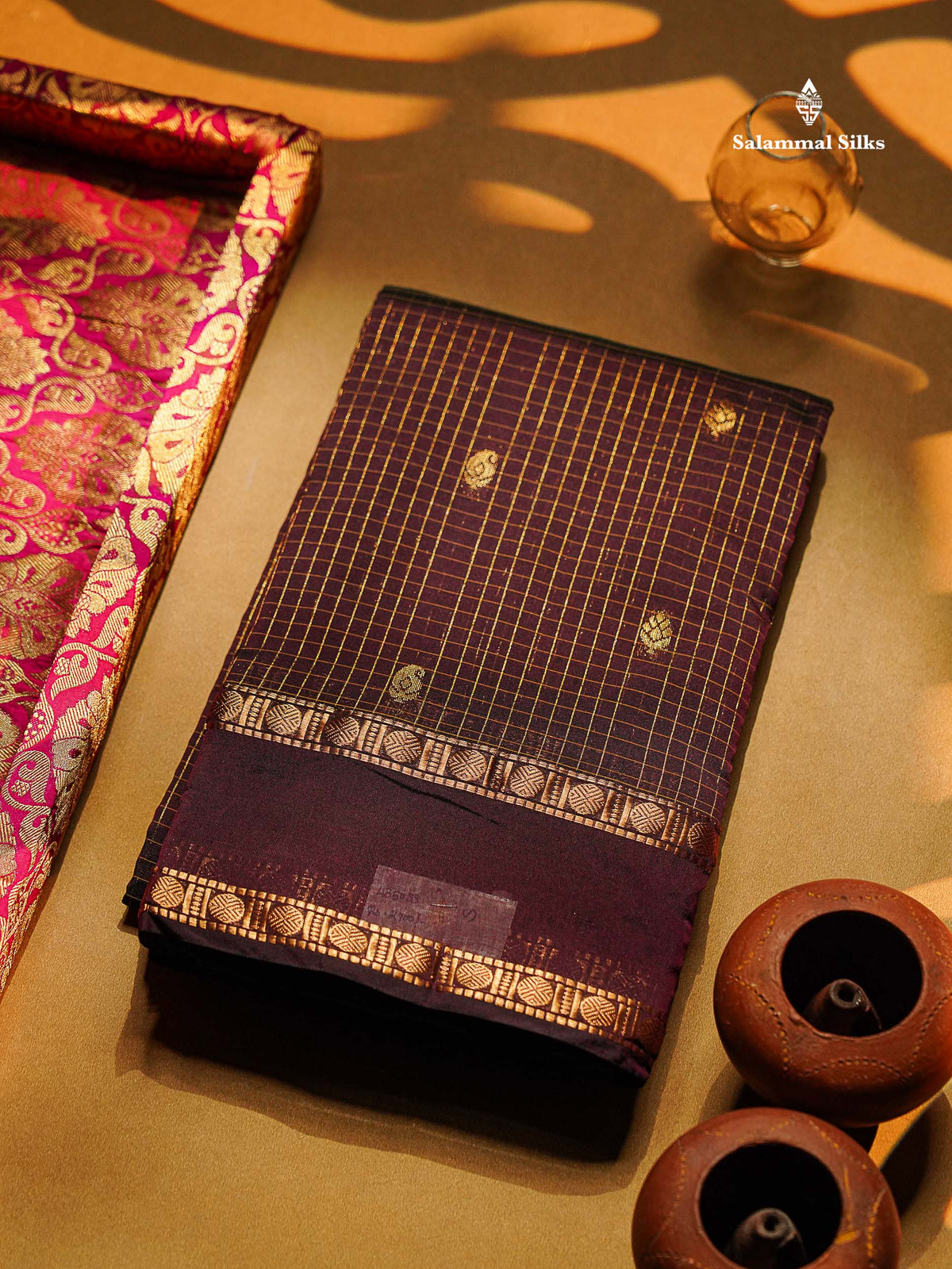Semi Silk Saree - Orange Colour Body Zari Checks With Butta & Traditional Rettapet Border