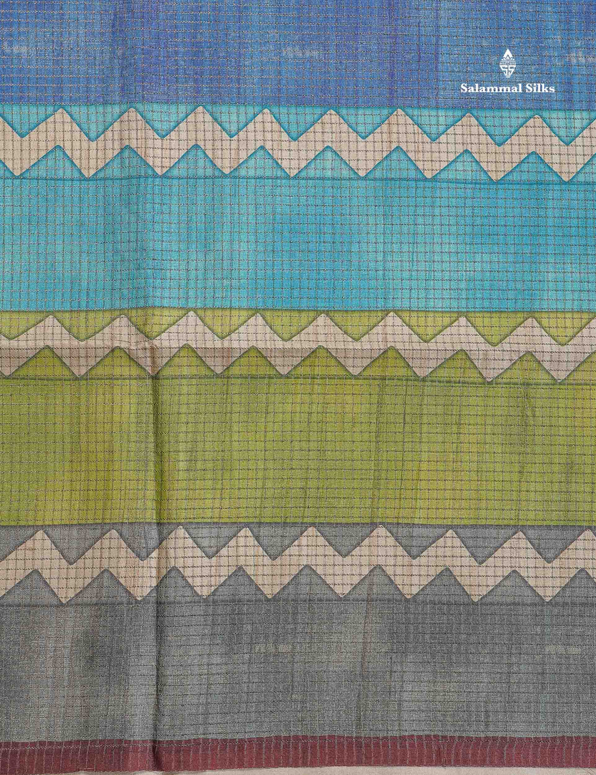 Semi Tussar Saree - MultiColour Body Small Checks With Zig Zag Design & Dark Brown Blouse