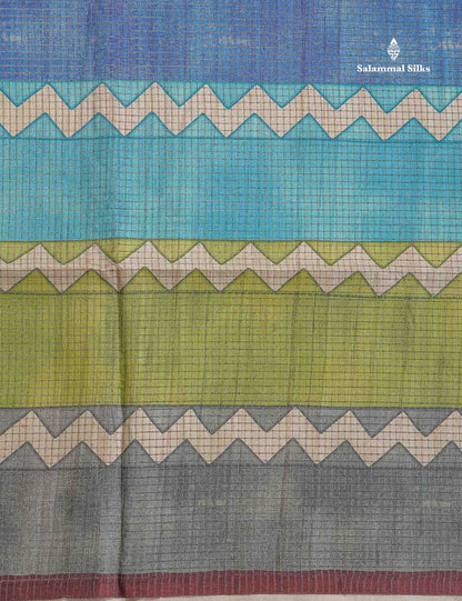 Semi Tussar Saree - MultiColour Body Small Checks With Zig Zag Design & Dark Brown Blouse