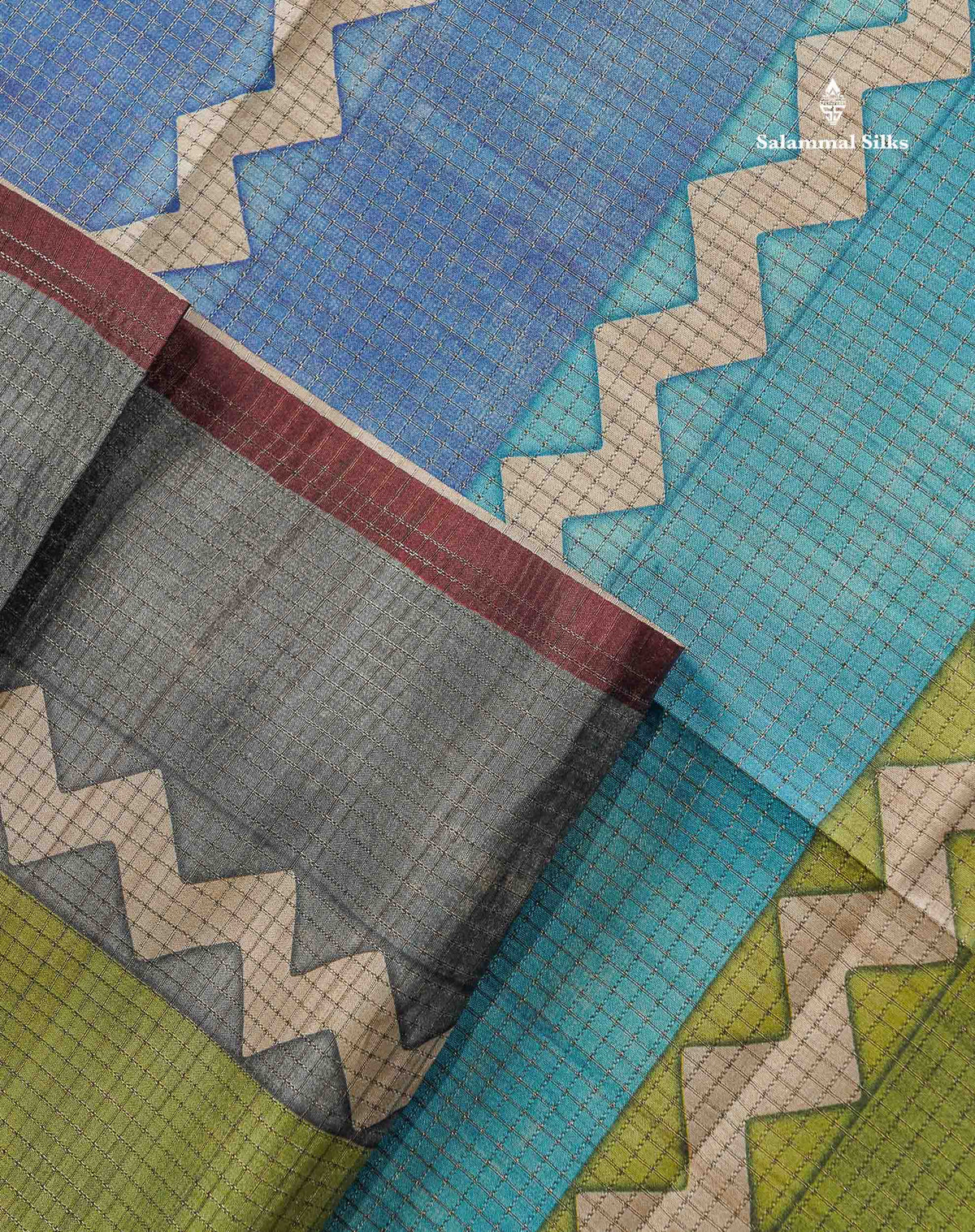 Semi Tussar Saree - MultiColour Body Small Checks With Zig Zag Design & Dark Brown Blouse
