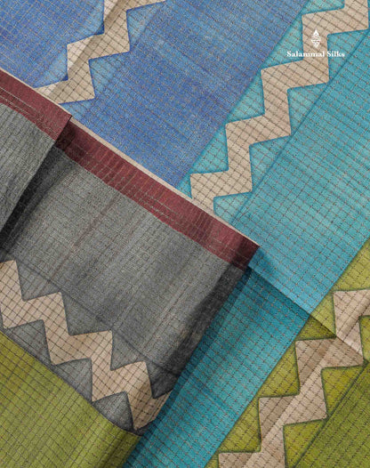 Semi Tussar Saree - MultiColour Body Small Checks With Zig Zag Design & Dark Brown Blouse