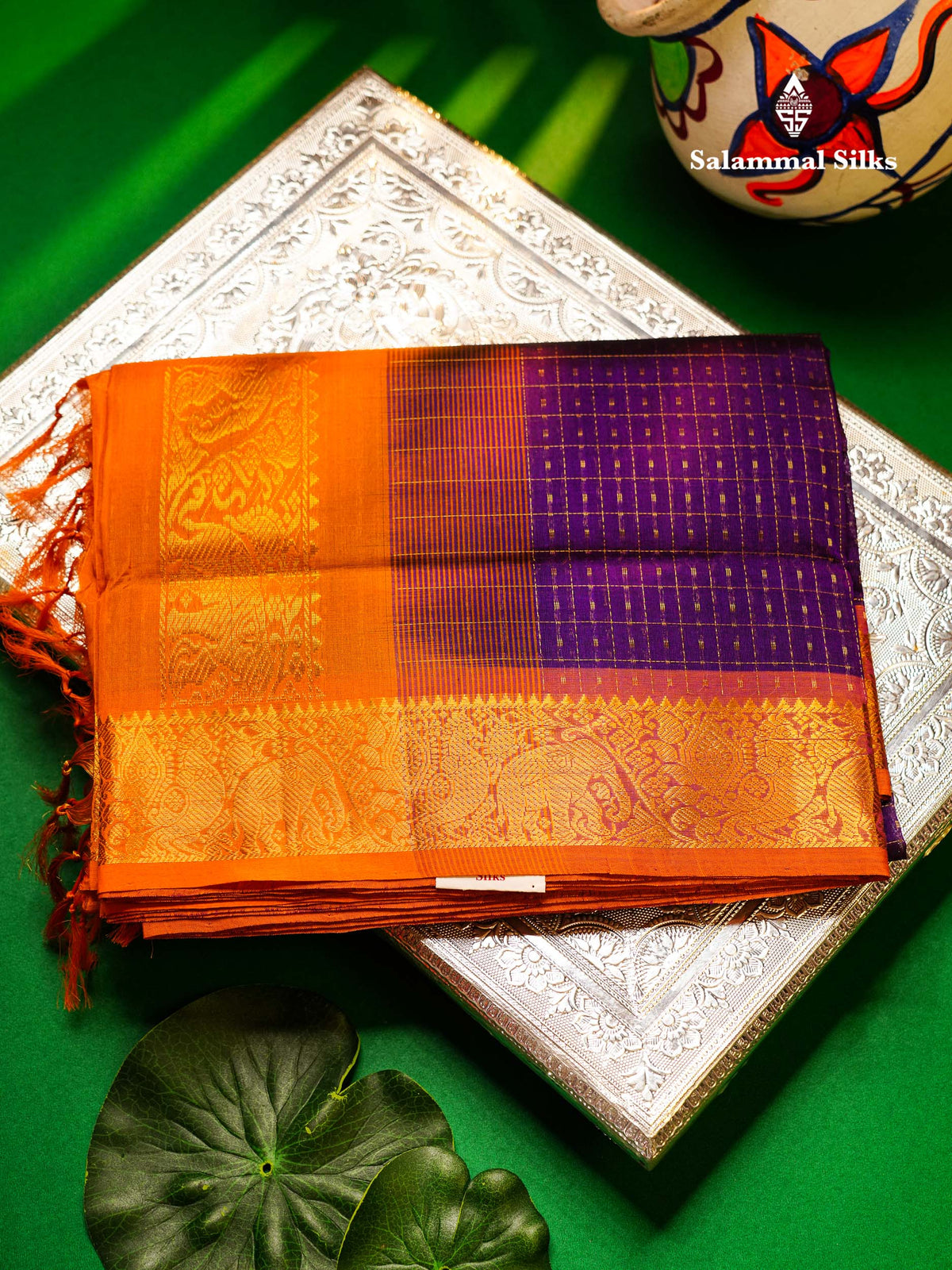 Beautiful Purple Lakshadeepam Pure Silk Cotton Saree With Contrast Mustard Yellow Blouse