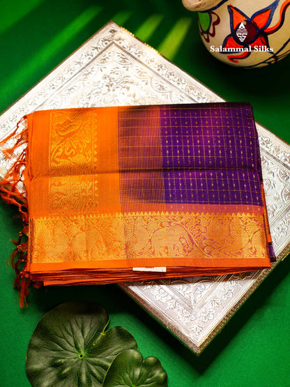 Beautiful Purple Lakshadeepam Pure Silk Cotton Saree With Contrast Mustard Yellow Blouse