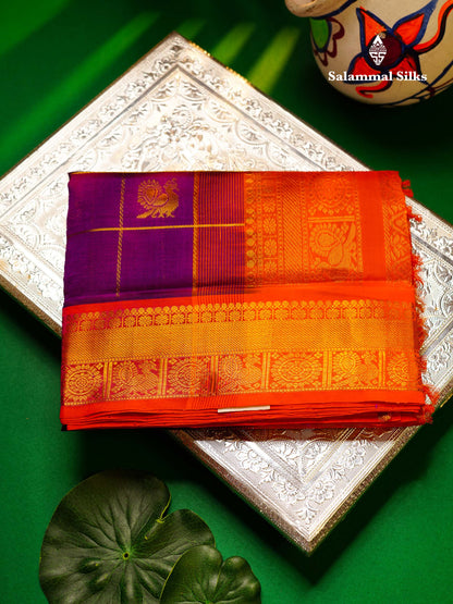 Purple Checks Pure Silk Cotton Saree With Contrast Orange Blouse