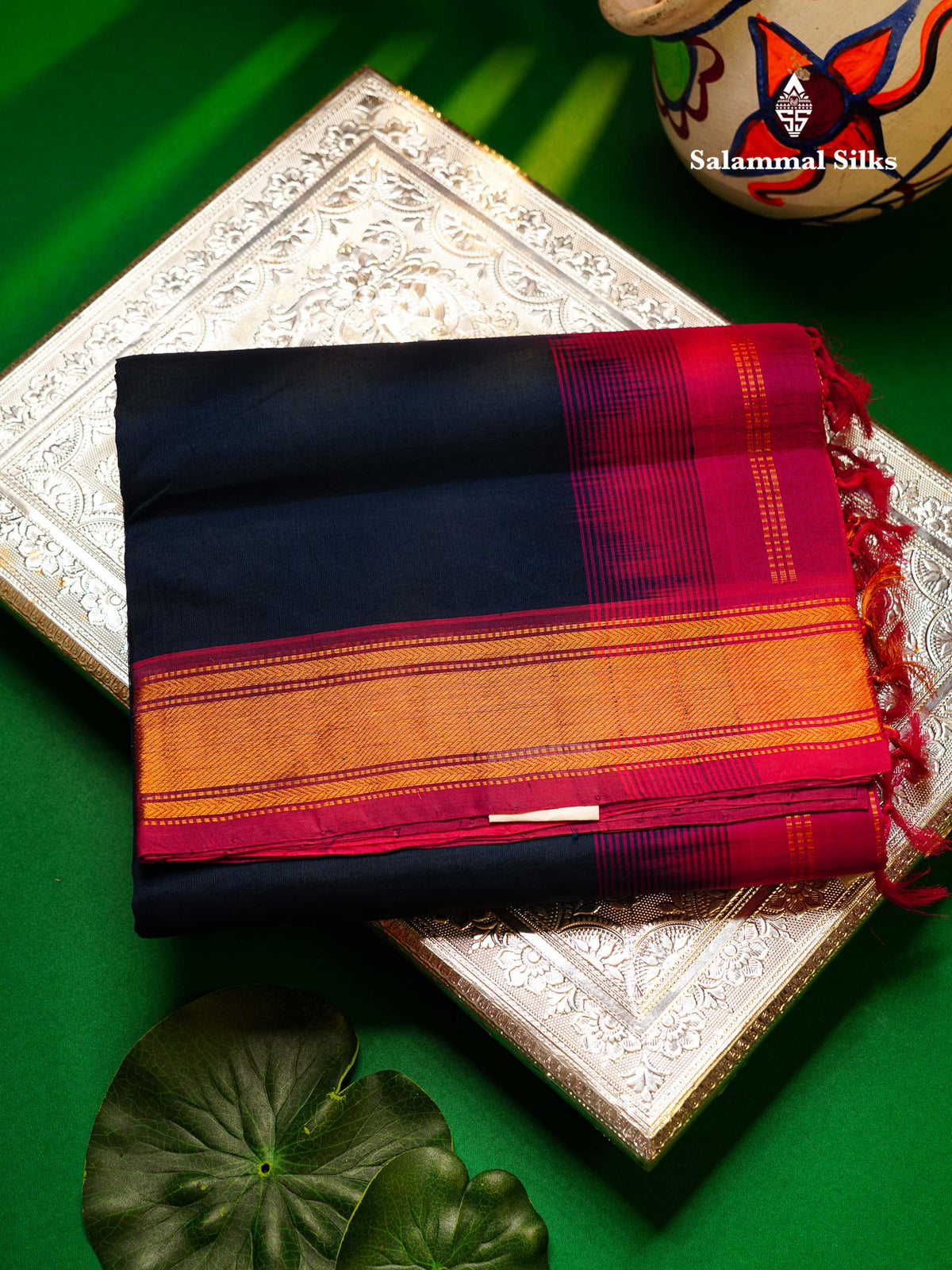 Peacock Blue Plain Pure Silk Cotton Saree With Contrast Magenta Pink Blouse