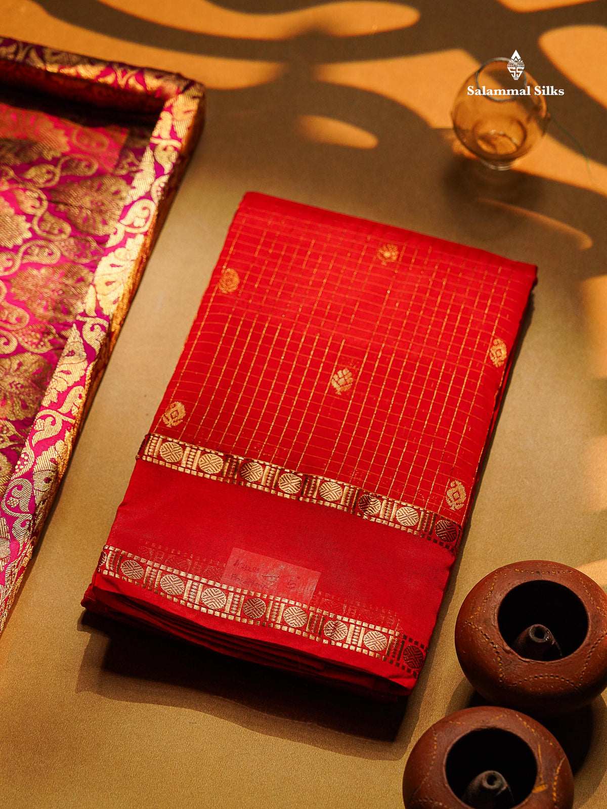 Semi Silk Saree - Orange Colour Body Zari Checks With Butta & Traditional Rettapet Border