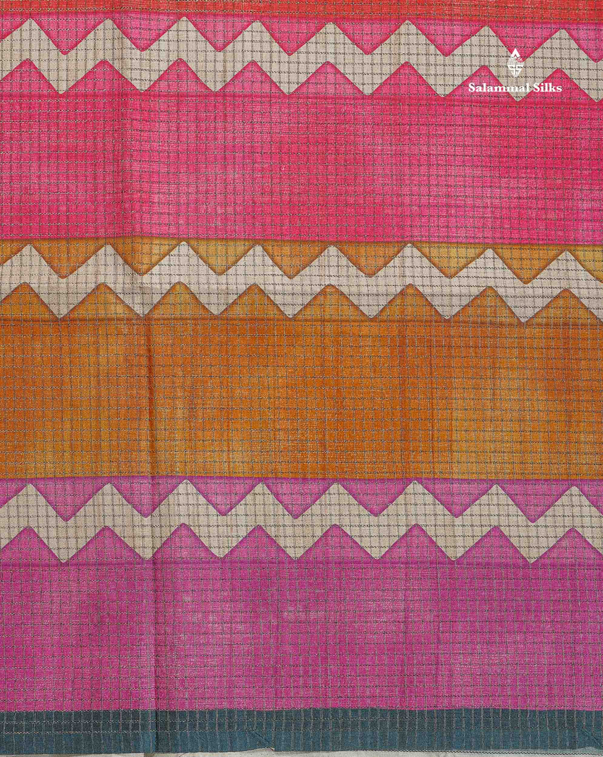 Semi Tussar Saree - MultiColour Body Small Checks With Zig Zag Design & Greyish Blue Blouse