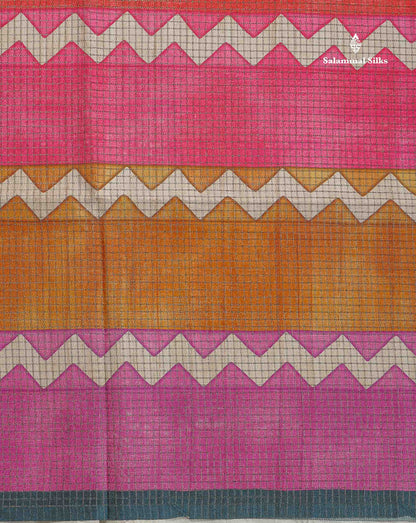 Semi Tussar Saree - MultiColour Body Small Checks With Zig Zag Design & Greyish Blue Blouse