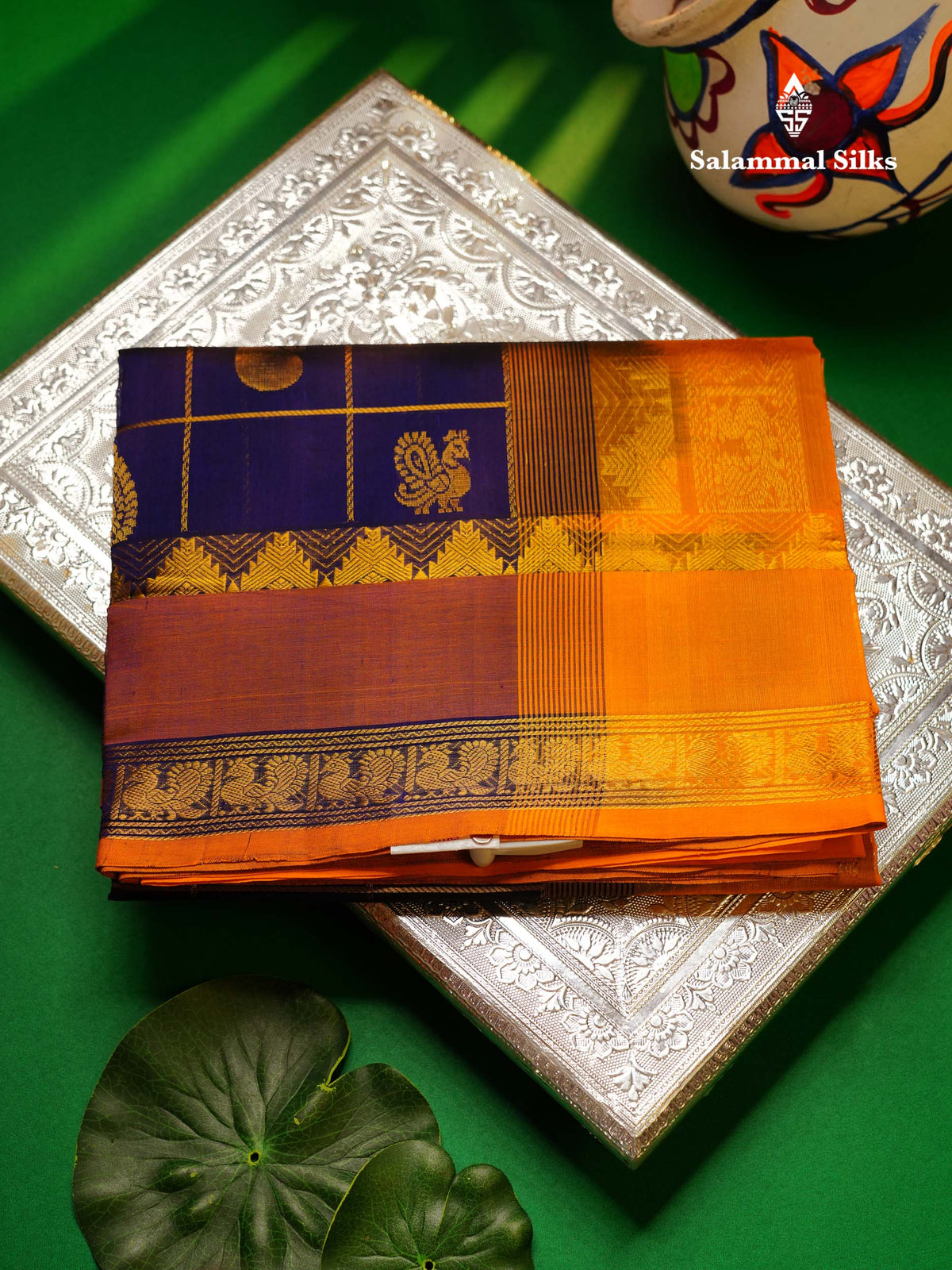 Beautiful Navy Blue Checks With Mango & Peacock Buttas Pure Silk Cotton Saree With Contrast Mustard Yellow Blouse
