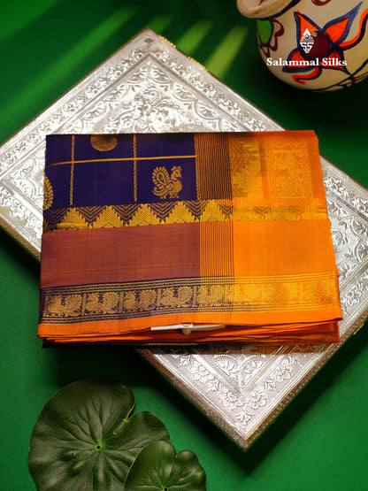 Beautiful Navy Blue Checks With Mango & Peacock Buttas Pure Silk Cotton Saree With Contrast Mustard Yellow Blouse