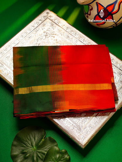 Beautiful Chilly Red Plain Pure Silk Cotton Saree With Contrast Bottle Green Blouse