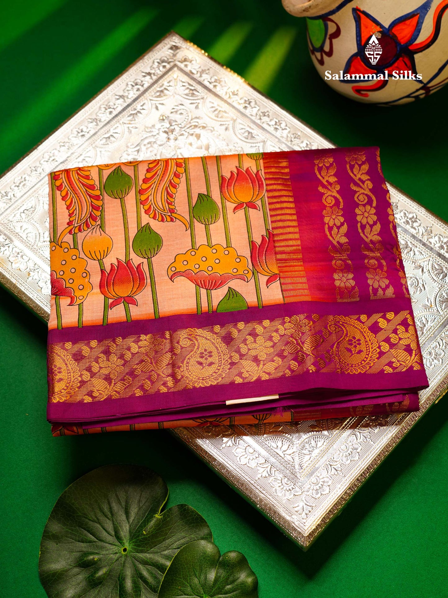 Peach Pink Pichwai Print Semi Silk Cotton Saree With Contrast Vadamalli Border