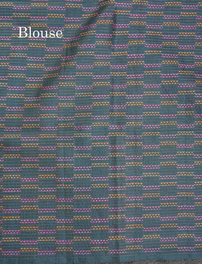 Semi Tussar Saree - MultiColour Body Small Checks With Zig Zag Design & Greyish Blue Blouse