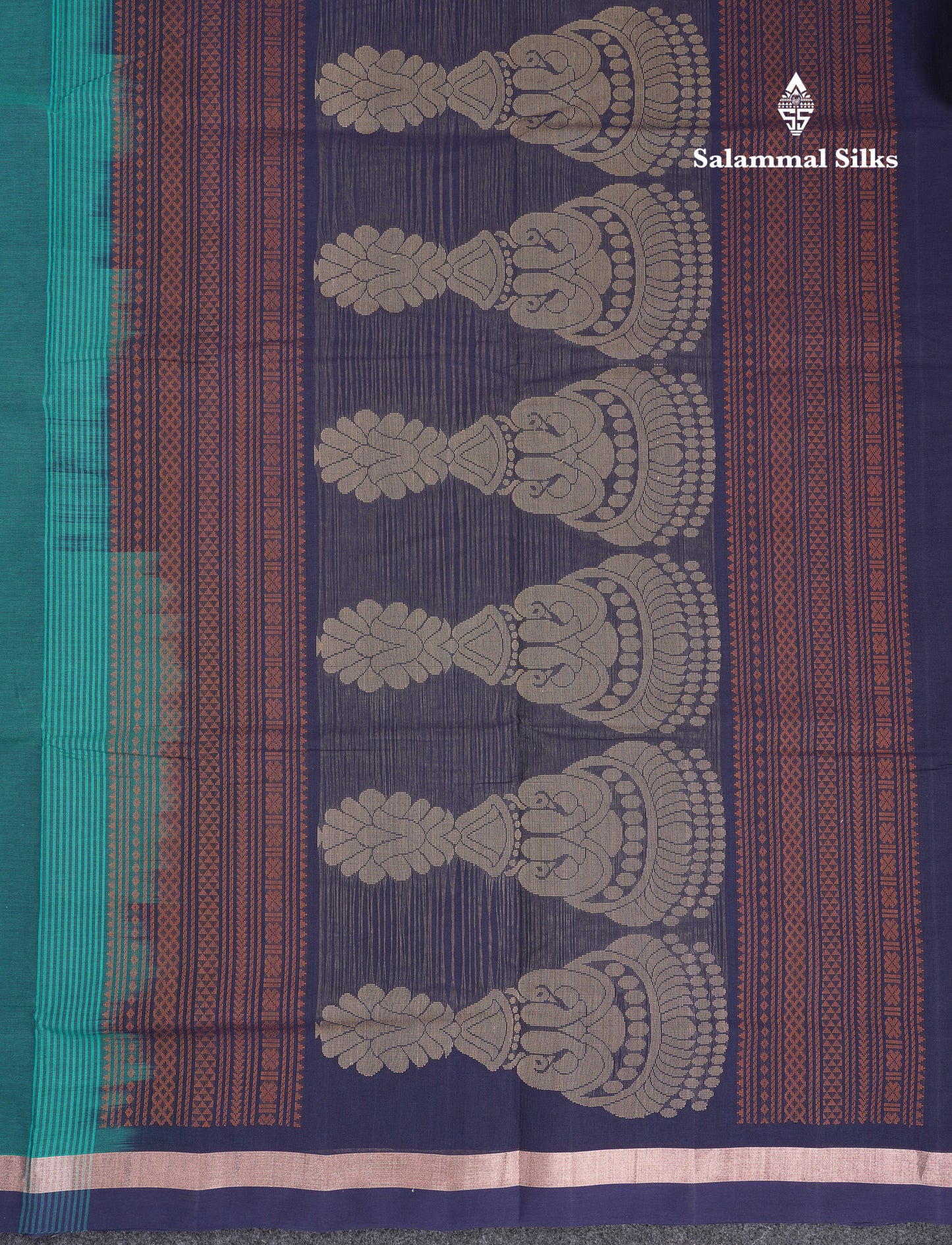 Beautiful Peacock Green Thread Work Butta Handloom Pure Cotton Saree With Contrast Navy Blue Blouse