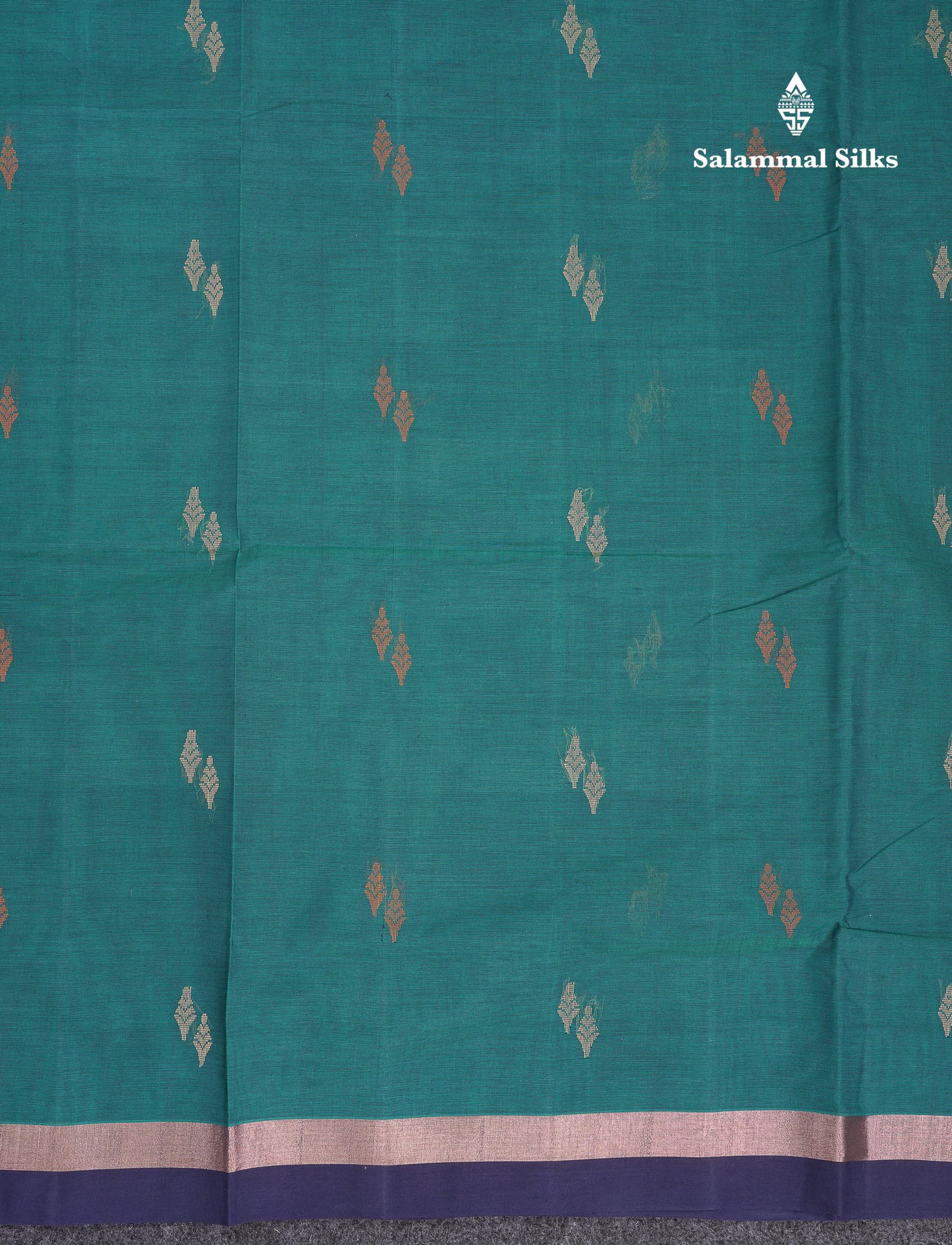 Beautiful Peacock Green Thread Work Butta Handloom Pure Cotton Saree With Contrast Navy Blue Blouse