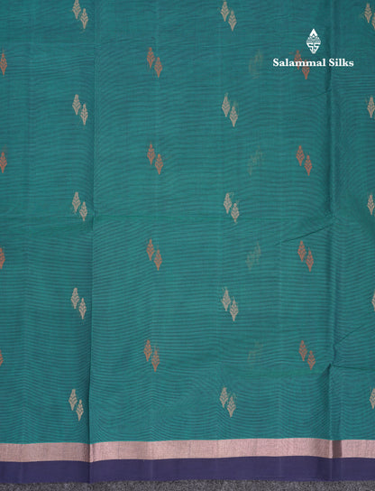 Beautiful Peacock Green Thread Work Butta Handloom Pure Cotton Saree With Contrast Navy Blue Blouse