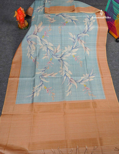 Semi Tussar Saree - Pastel Blue Colour Body With Light Brown Border