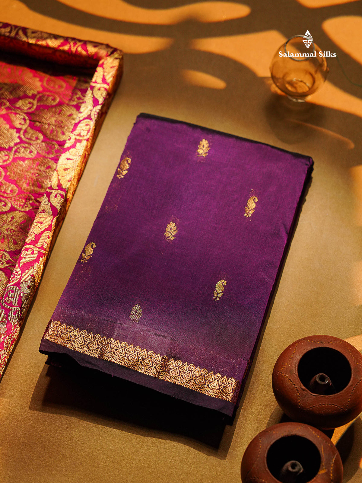 Semi Silk Saree - Maroon Colour Body Zari Butta With Traditional Small Border