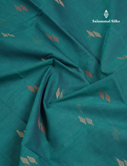 Beautiful Peacock Green Thread Work Butta Handloom Pure Cotton Saree With Contrast Navy Blue Blouse