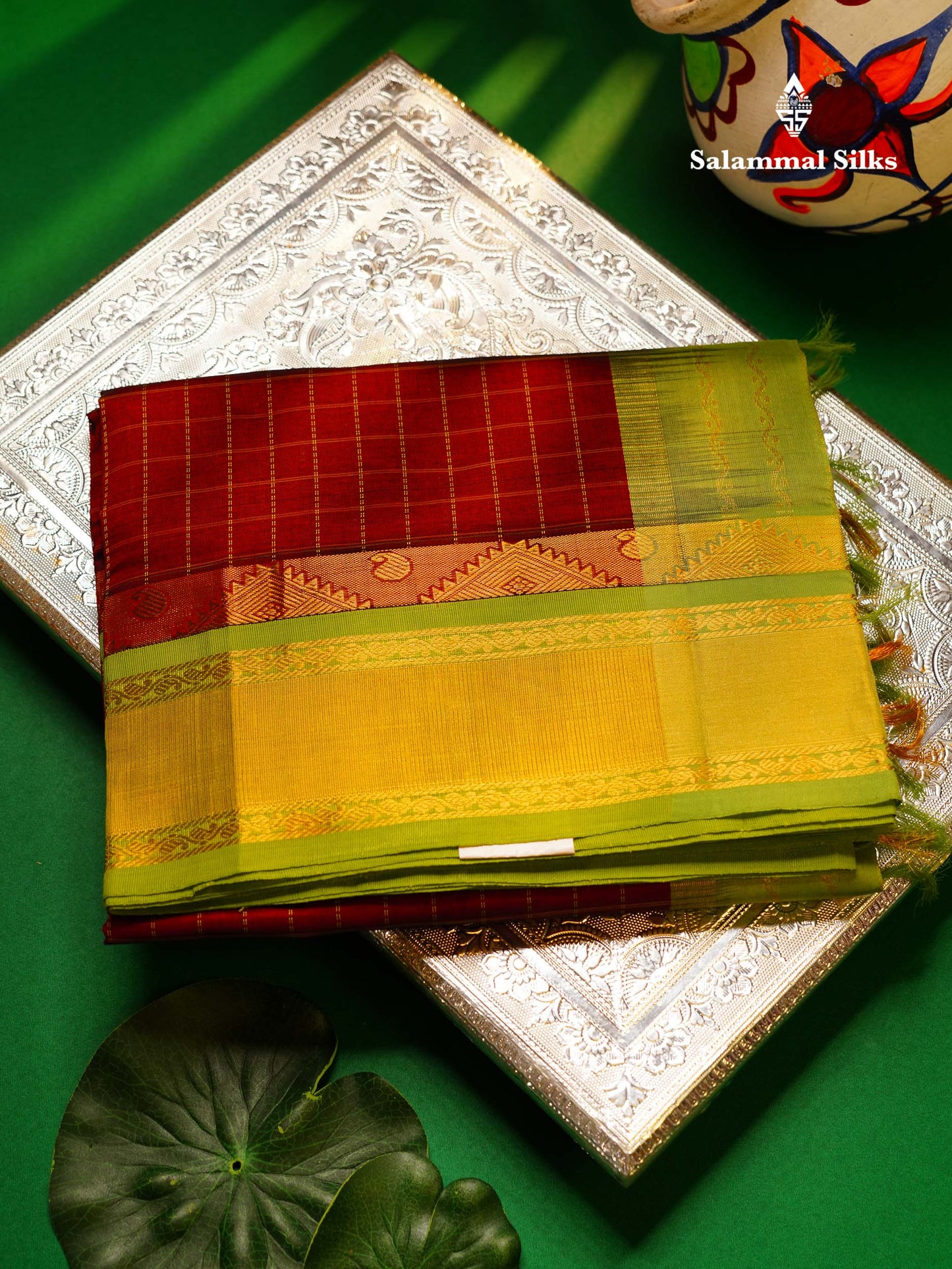 Beautiful Maroon Checks Silk Cotton Saree With Contrast Parrot Green Traditional Border