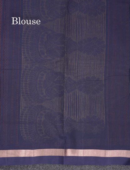 Beautiful Peacock Green Thread Work Butta Handloom Pure Cotton Saree With Contrast Navy Blue Blouse