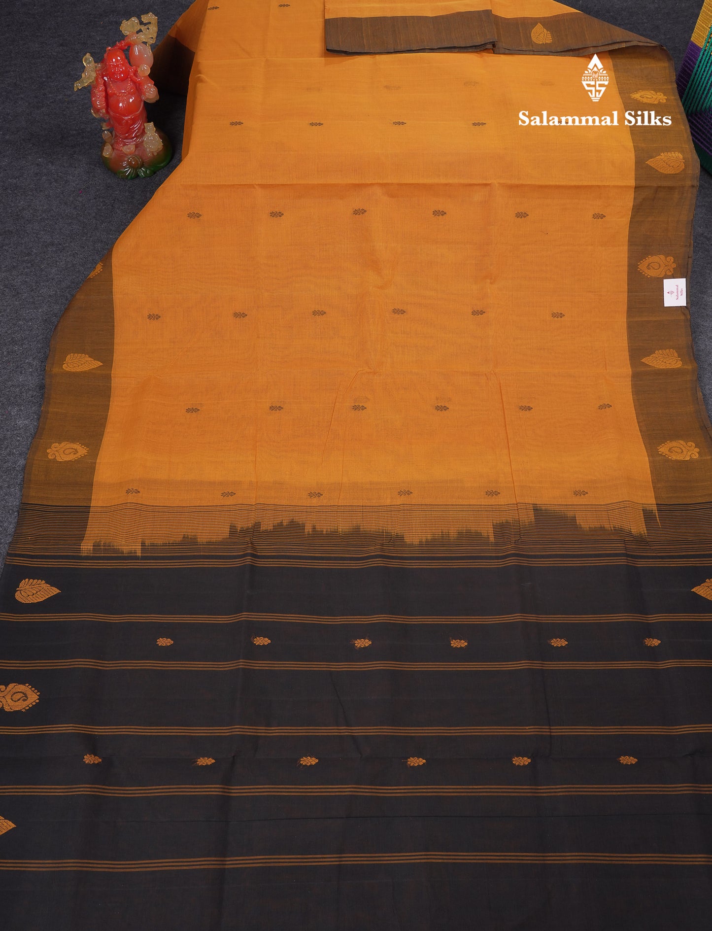 Beautiful Yellow Thread Work Butta Handloom Pure Cotton Saree With Contrast Black Blouse