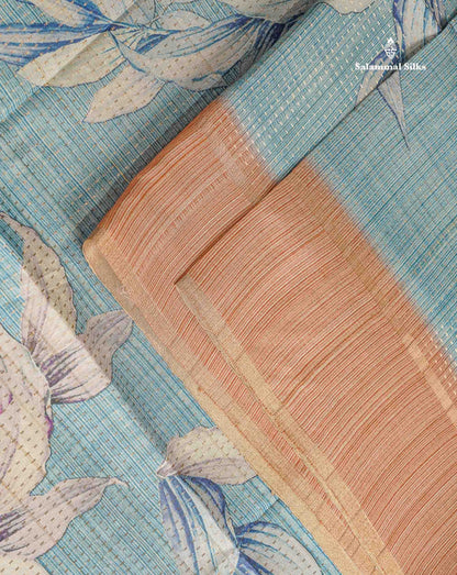 Semi Tussar Saree - Pastel Blue Colour Body With Light Brown Border