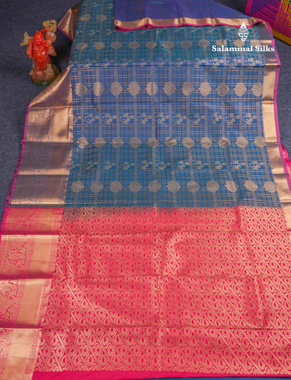 Beautiful Peacock Blue Semi Silk Saree With Traditional Evening Morning Border