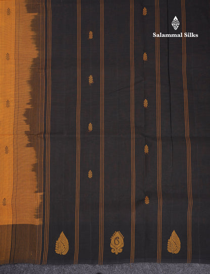 Beautiful Yellow Thread Work Butta Handloom Pure Cotton Saree With Contrast Black Blouse