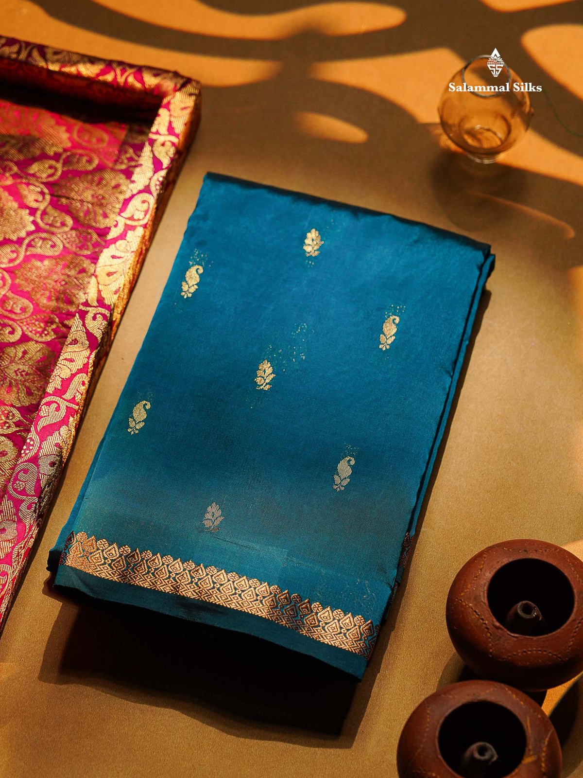 Semi Silk Saree - Maroon Colour Body Zari Butta With Traditional Small Border