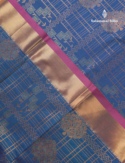 Beautiful Peacock Blue Semi Silk Saree With Traditional Evening Morning Border