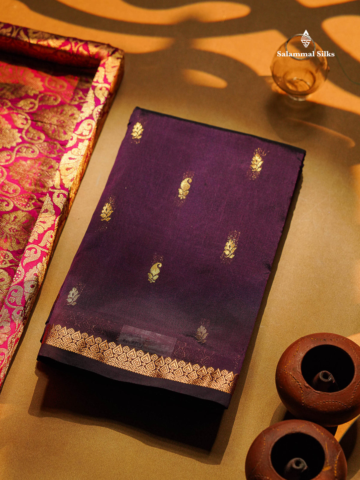 Semi Silk Saree - Maroon Colour Body Zari Butta With Traditional Small Border
