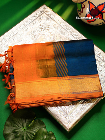 Ramar Blue Plain Pure Silk Cotton Saree With Contrast Mustard Yellow Blouse