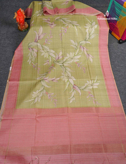 Semi Tussar Saree - Pista Green Colour Body With Baby Pink Border
