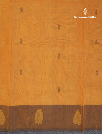 Beautiful Yellow Thread Work Butta Handloom Pure Cotton Saree With Contrast Black Blouse