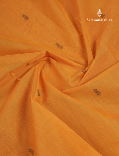 Beautiful Yellow Thread Work Butta Handloom Pure Cotton Saree With Contrast Black Blouse