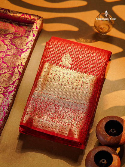 Semi Silk Saree - Chilly Red Small Checks With Butta Along With Traditional Evening Morning Border