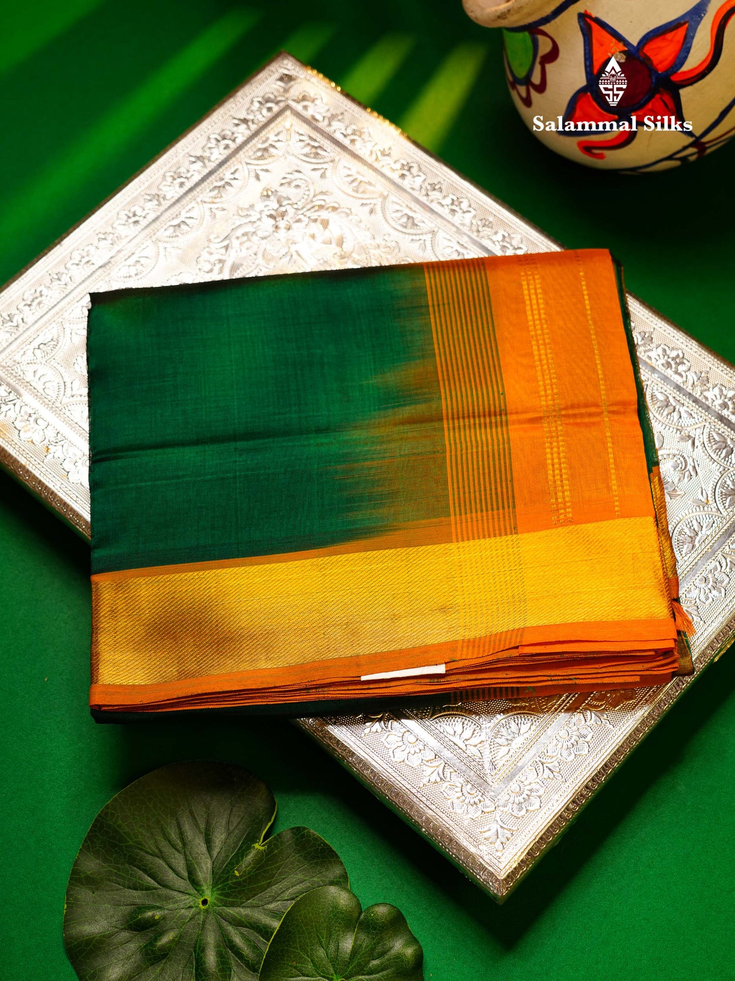 Bottle Green Plain Pure Silk Cotton Saree With Contrast Mustard Yellow Blouse