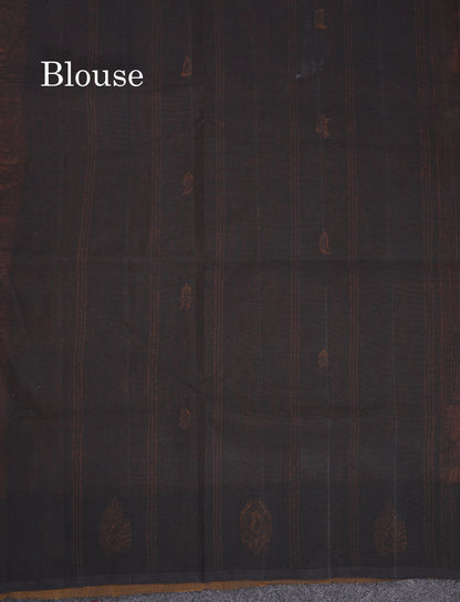 Beautiful Yellow Thread Work Butta Handloom Pure Cotton Saree With Contrast Black Blouse