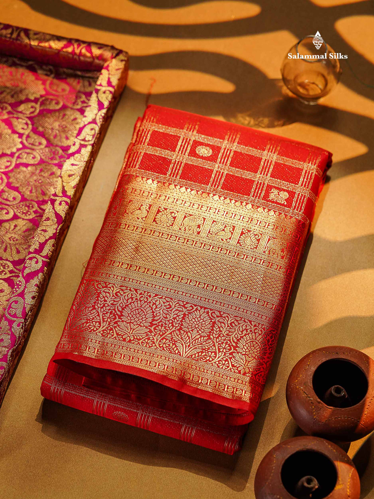Semi Silk Saree - Chilly Red Checks With Traditional Buttas Along With Evening Morning Border