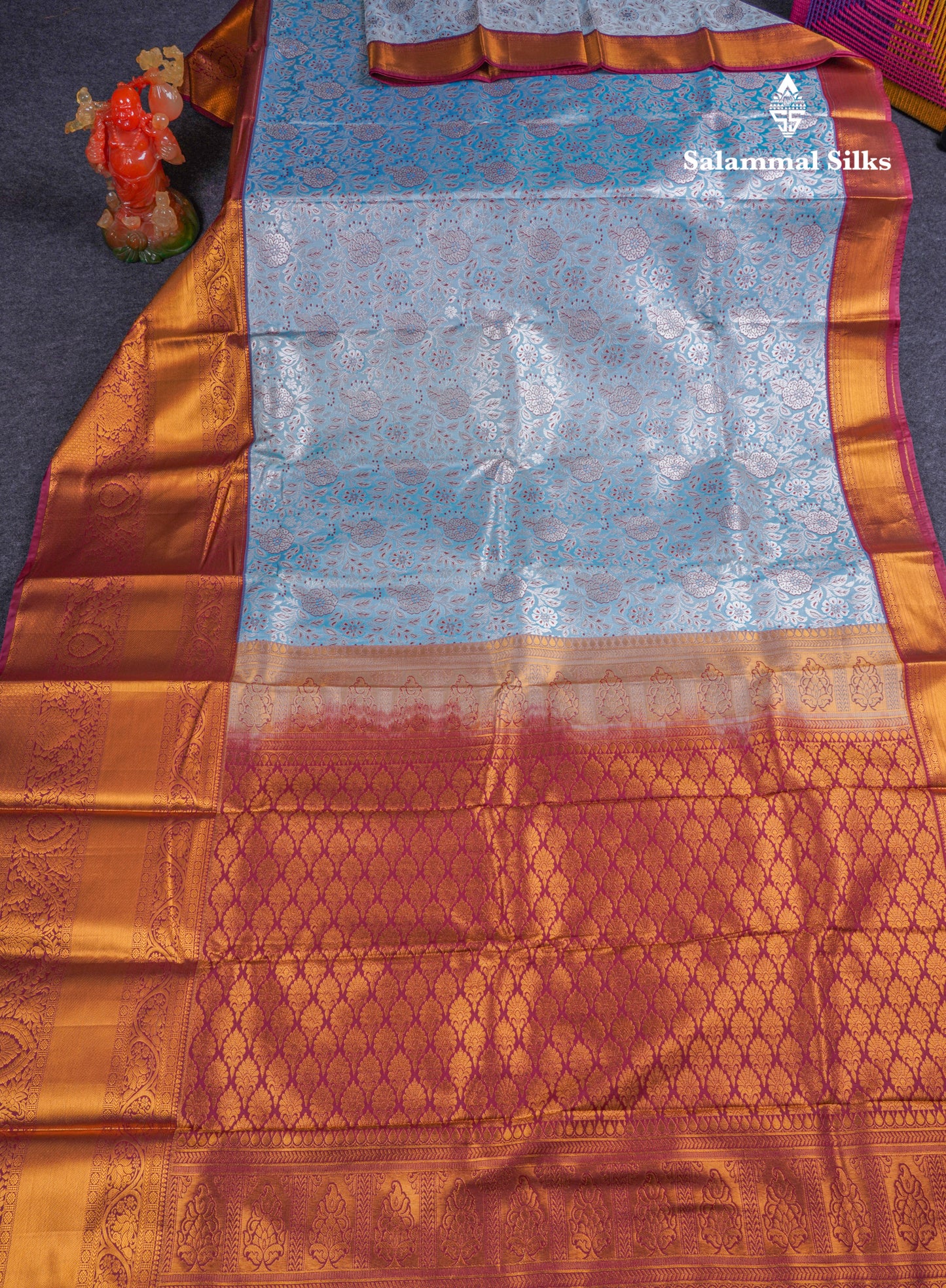Beautiful Ice Blue Semi Silk Saree With Contrast Dark Maroon Traditional Evening Morning Border