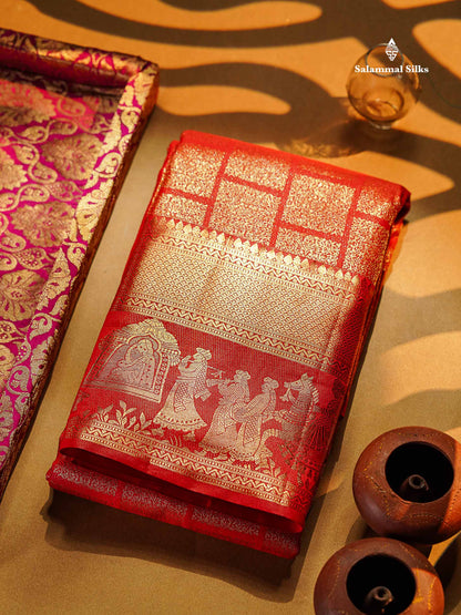 Semi Silk Saree - Chilly Red Checks Pattern Saree Along With Traditional Evening Morning Pallakku Border