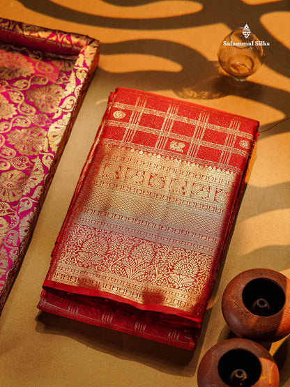 Semi Silk Saree - Chilly Red Checks With Traditional Buttas Along With Evening Morning Border