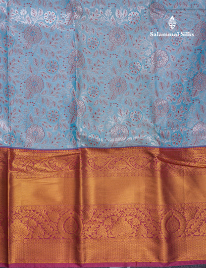 Beautiful Ice Blue Semi Silk Saree With Contrast Dark Maroon Traditional Evening Morning Border