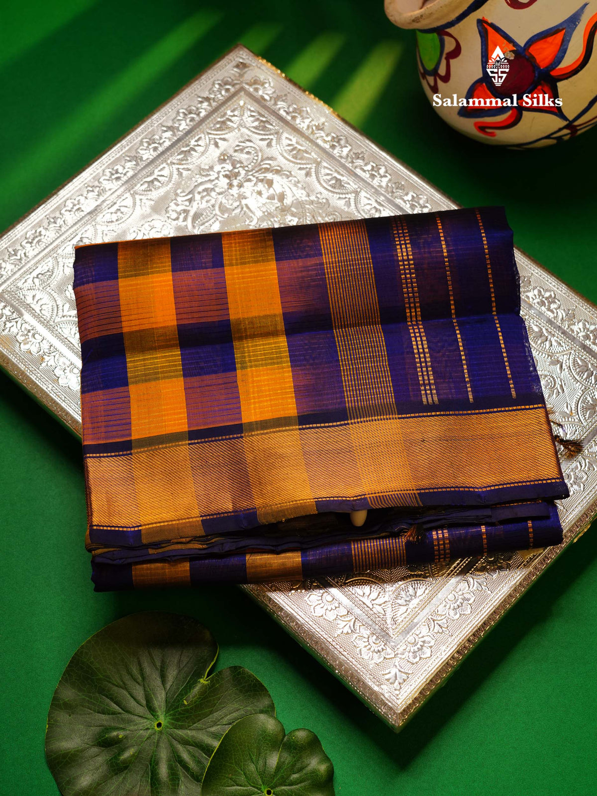 Beautiful Paalum Pazham Checks Handloom Pure Silk Cotton Saree With Contrast Violet Blouse