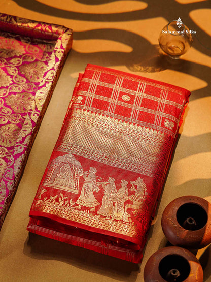Semi Silk Saree - Chilly Red Checks With Traditional Buttas Along With Evening Morning Pallakku Border