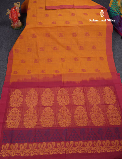 Beautiful Yellow Checks With Thread Work Butta Handloom Pure Cotton Saree With Contrast Redish Maroon Blouse