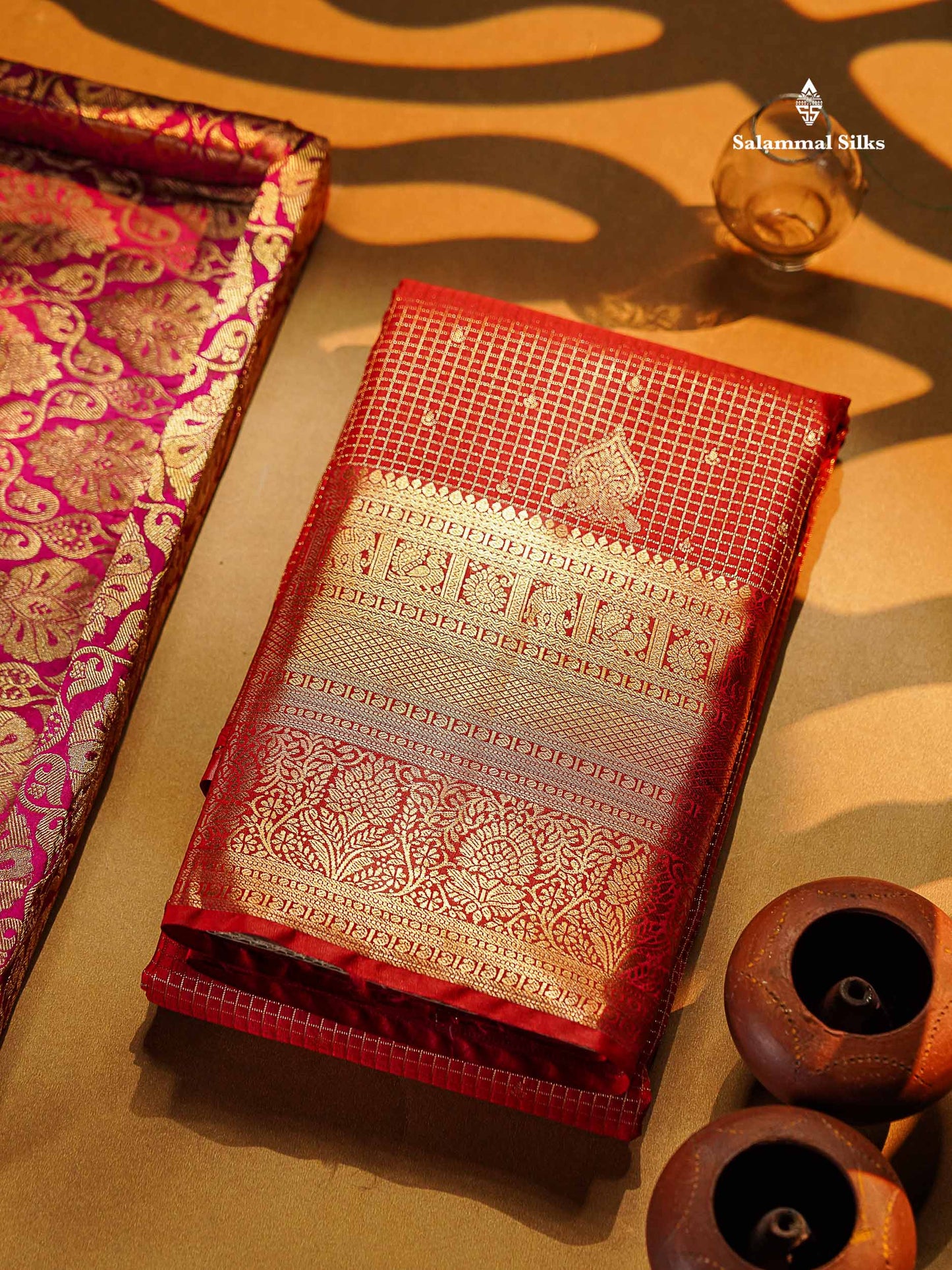 Semi Silk Saree - Redish Maroon Small Checks With Butta Along With Traditional Evening Morning Border