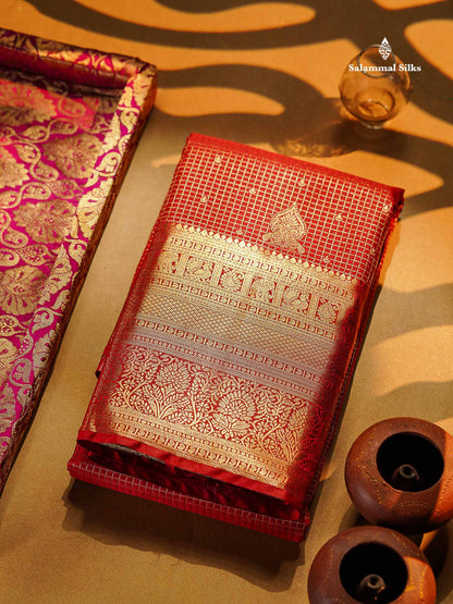 Semi Silk Saree - Redish Maroon Small Checks With Butta Along With Traditional Evening Morning Border